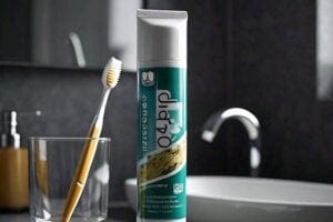 toothbrush in a glass on a sink next to toothpaste tube