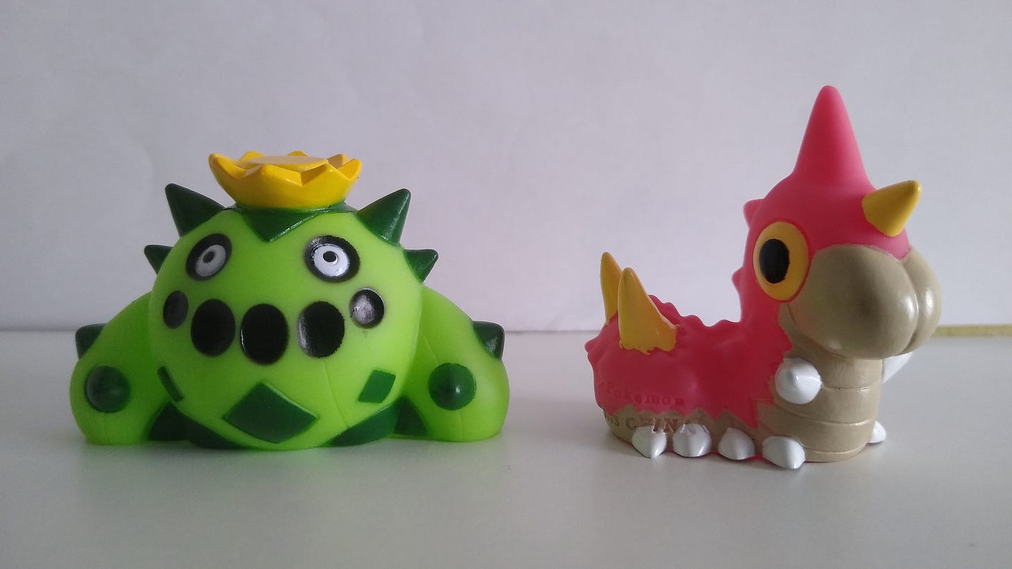 Some of the items in the goodie bag I received at the EON Ticket event were two small plastic figures of Cacnea and Wurmple