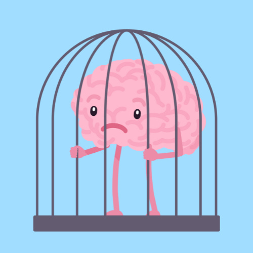 An animated cartoon of a brain trapped inside a metal cage