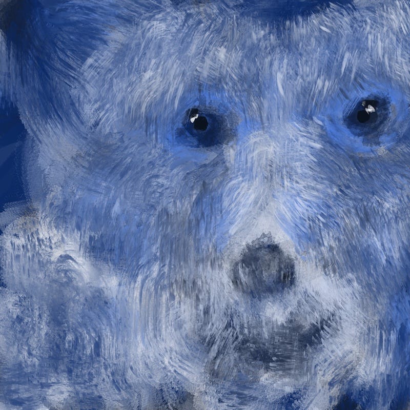 Abstract painting by Sherry Killam, portrait of a blue dog smiling.