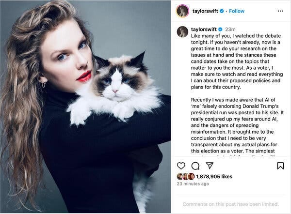 A screen shot of an Instagram post in which Taylor Swift holds a cat.