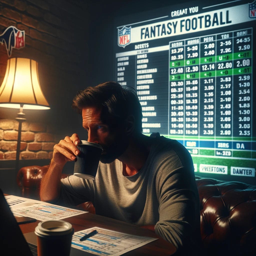 Create an image focusing on a single man, stressed out and drinking coffee, with a fantasy football draft board visible behind him. The scene is set in a dimly lit room, capturing the intense and somber atmosphere of a fantasy football draft. The man is in the foreground, looking weary and tense as he holds a coffee cup, seeking comfort or a boost. The draft board in the background is filled with player names and positions, highlighting the serious preparation for the fantasy football season. The room's mood is enhanced by the soft glow of a lamp, casting shadows and adding depth to the man's stressed expression.