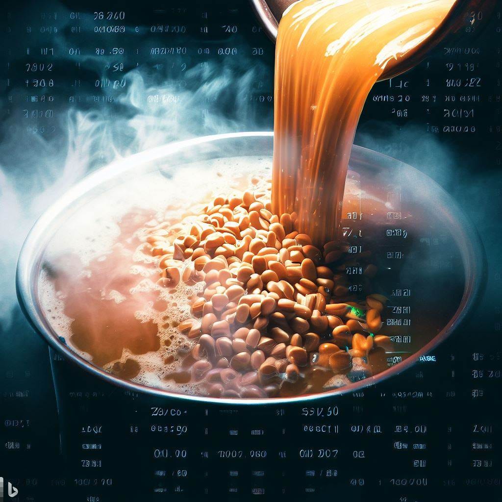stocks and bonds being mixed into a vat of soup
