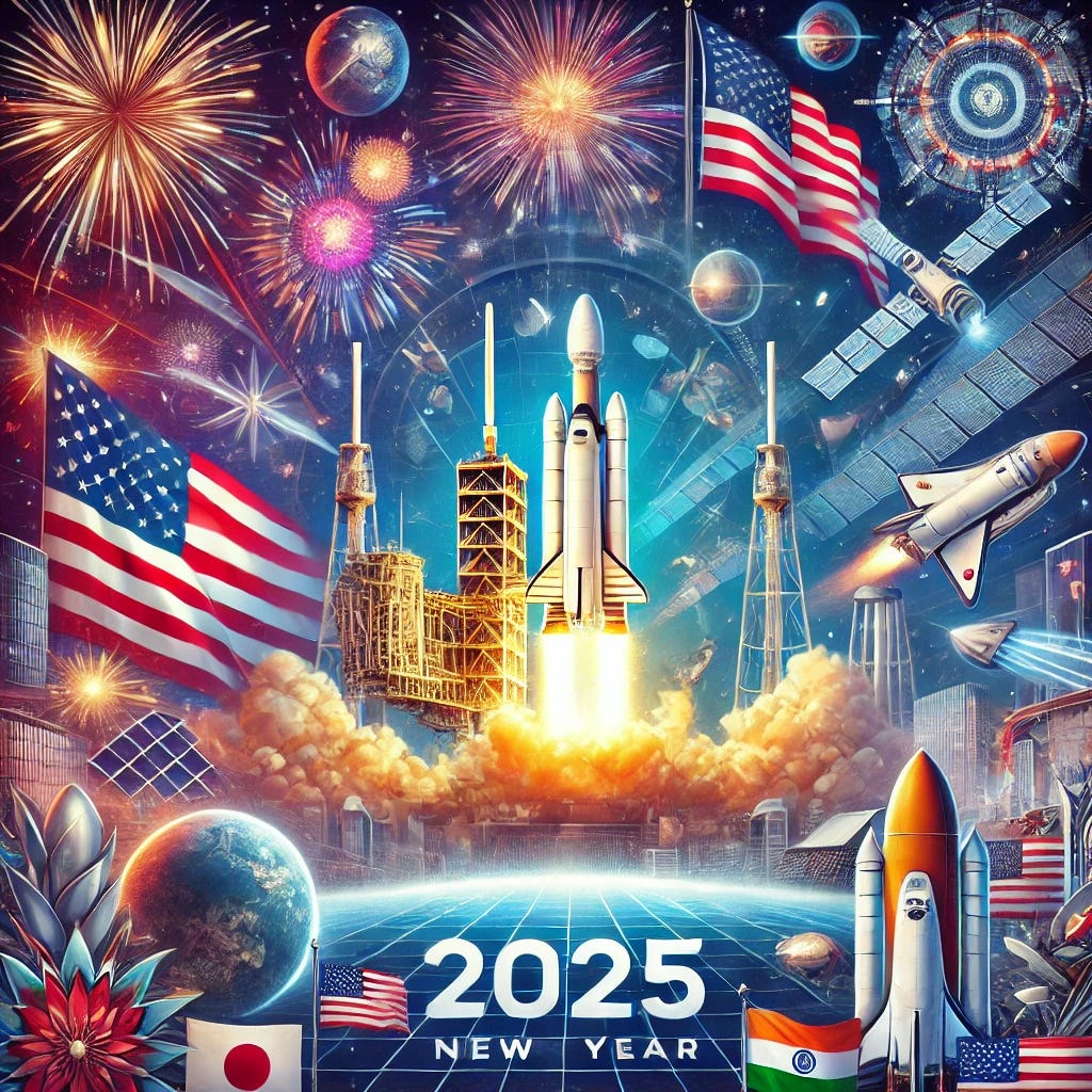 A vibrant and inspiring illustration to represent the themes of this article: a new year celebration with a dynamic and patriotic theme showcasing America. The scene prominently features a SpaceX rocket in the center, surrounded by futuristic elements like advanced space equipment, cutting-edge satellites, and exploration modules. The background includes space exploration activities and advanced manufacturing factories. The U.S. flag is prominently displayed at the top, while the flags of India, Japan, and other nations are positioned at the bottom, ensuring accurate representation of the Indian flag. Emerging regions like Africa, South America, and Central America are depicted as hubs of opportunity with futuristic cityscapes. Fireworks and a celebratory atmosphere highlight the hopeful message of 2025 being a year of transformation.