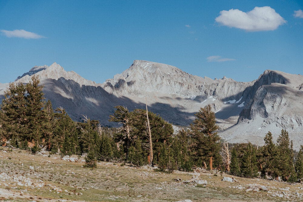 The first sight of Mount Whitney (center, furthest away).