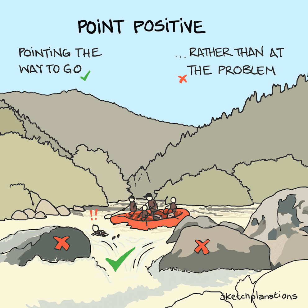 Point positive illustration: Rafters pointing towards the safe way down a rapids for a swimmer in the water rather than pointing towards the dangers