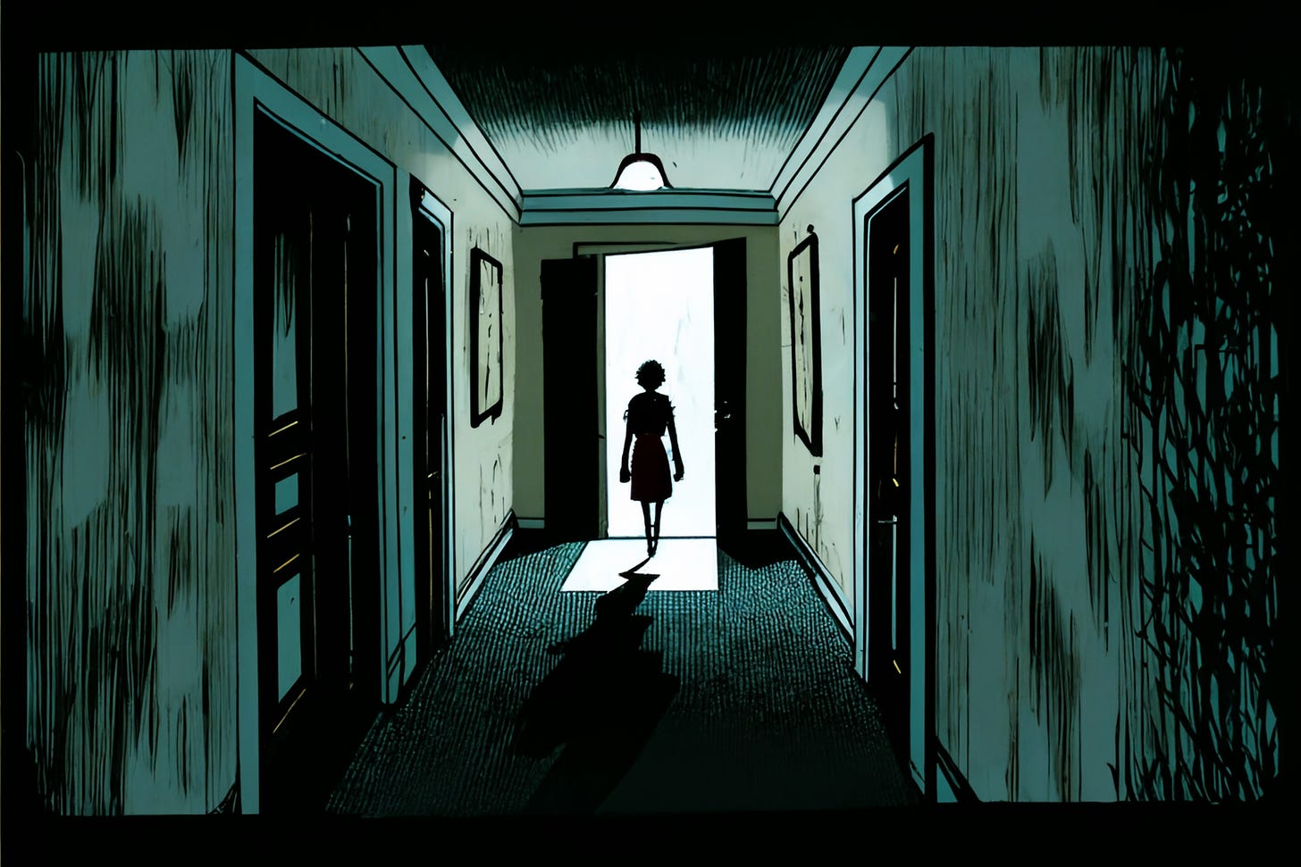 an open door at the end of a long, dark hallway, graphic novel 