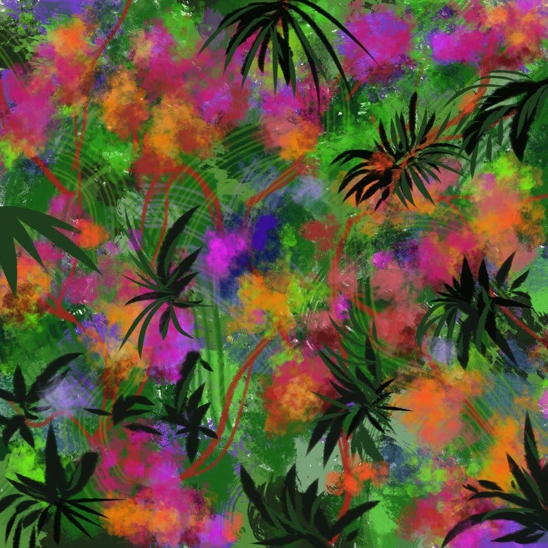 Dense tropical painting by Sherry Killam Arts with green leaves and flowers of pink, orange, and gold colors.