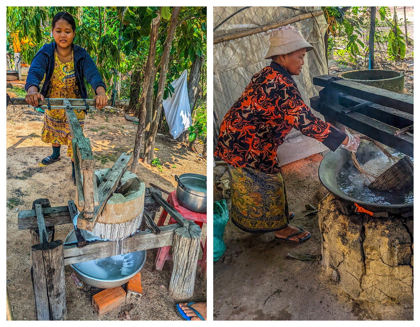 Young woman on left spinning rice flour, older woman on right rinsing noodles in cold water. 