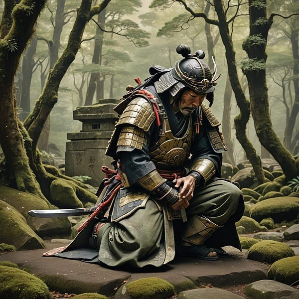 Samurai warrior in prayer.