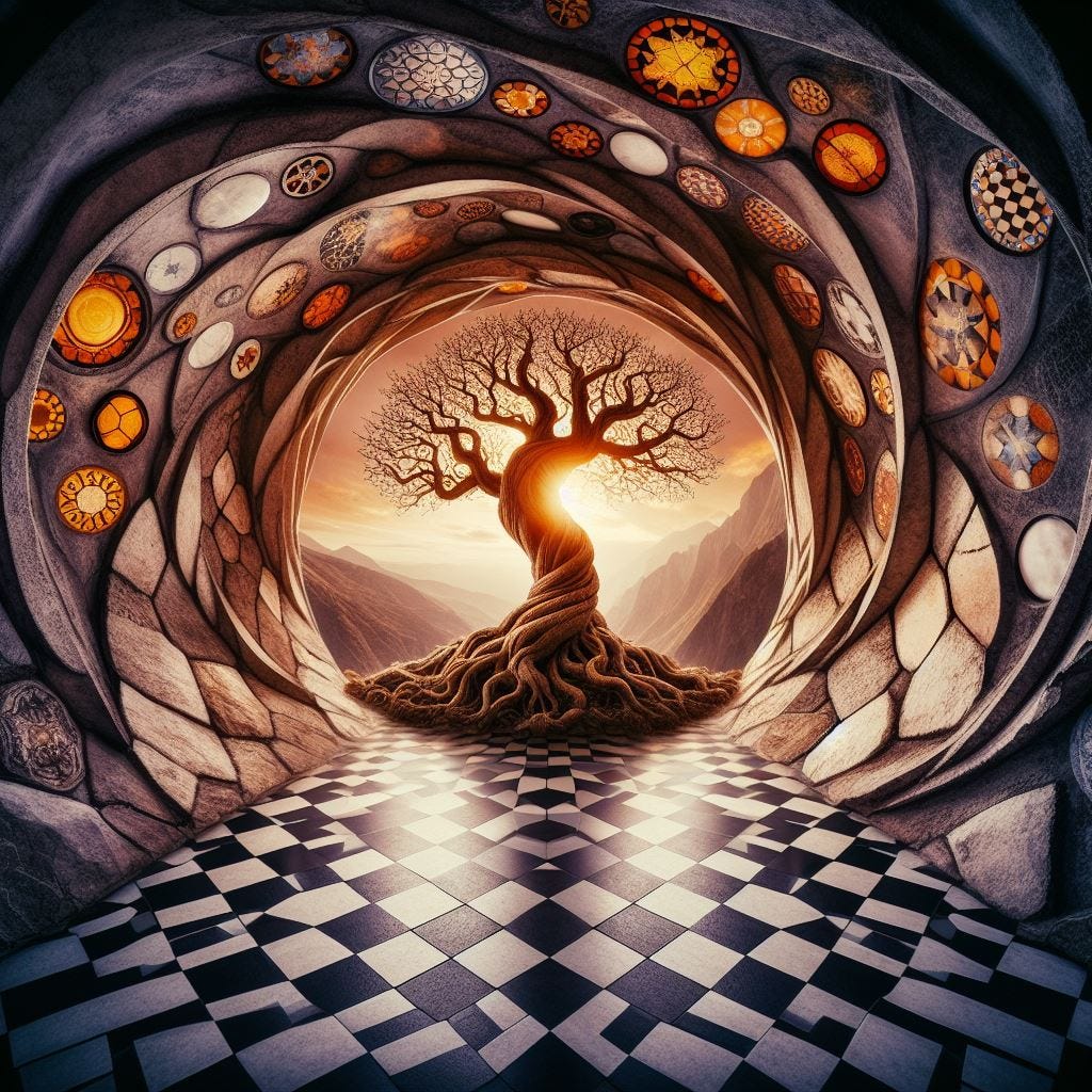Hyper-realistic; tilt shift; mother earth tree with merging Quatrefoil on wall: mother earth tree with tan Gothic Tracery: coral glowing decorative tiles.mother earth tree merges into the Hundertwasserhaus, Vienna, Austria:mother earth tree.  a  tornado of black and white checkered floor. moonbeams shining through. vast distance. CLIFF EDGE