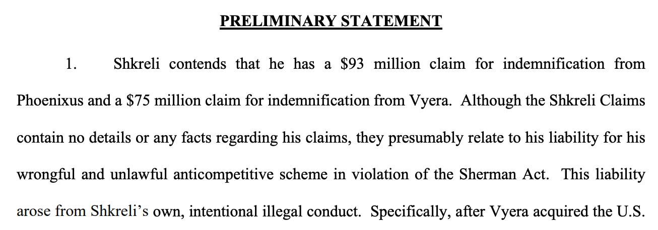 This excerpt from the Vyera bankruptcy refers to Martin trying to get $168 million from the estate to cover his legal and judgment costs. A judge rejected his claim.
