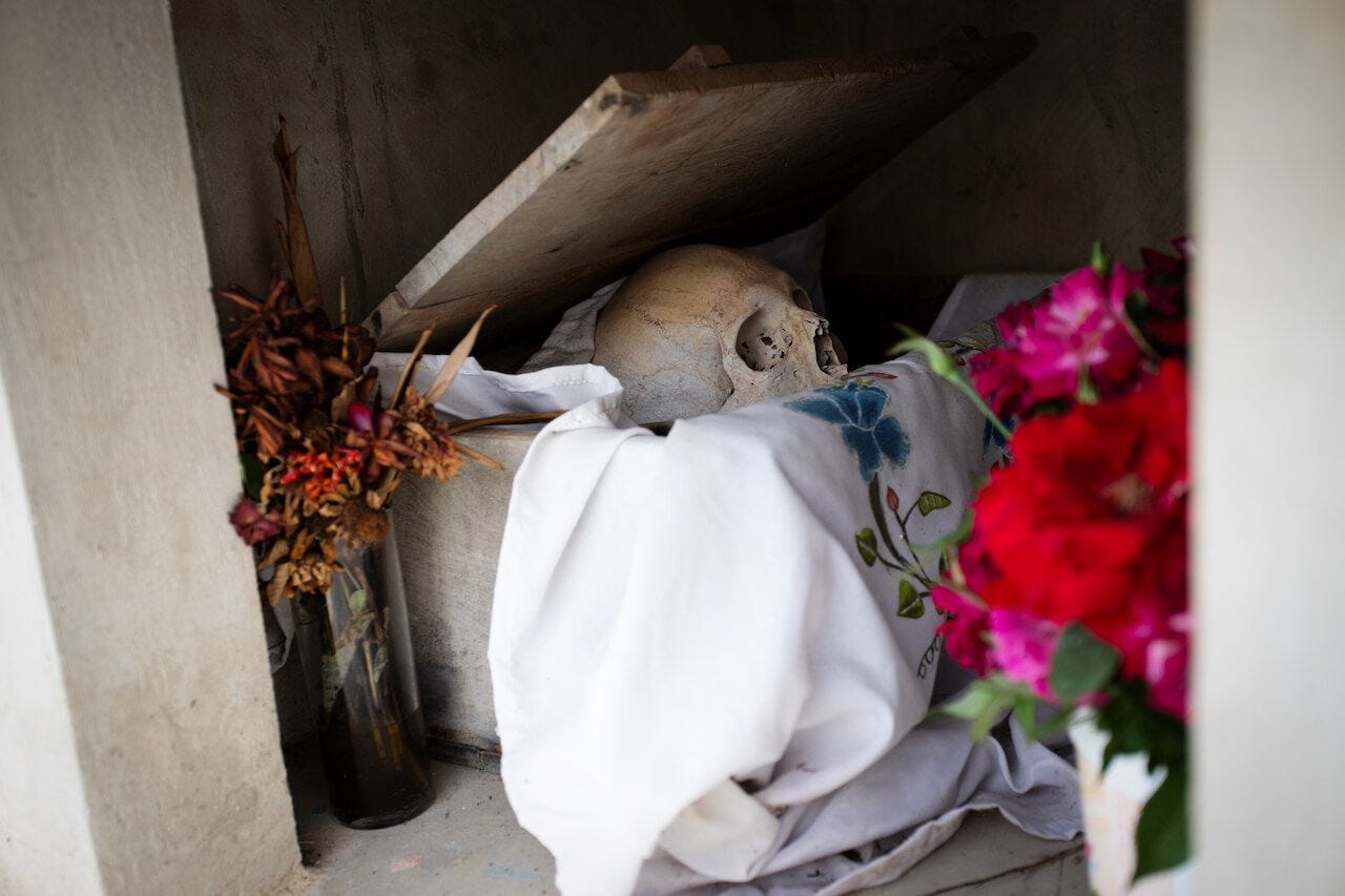 a skull displayed in a graveyard in Pomuch, Campeche, Yucatan, Mexico - as a part of local mayan tradition of dias de muertos.