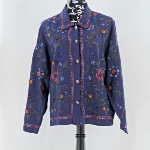 Vintage Tantrums Collection Women’s Blue Silk Blend Embroidered Shirt Sz. Small - Picture 1 of 9