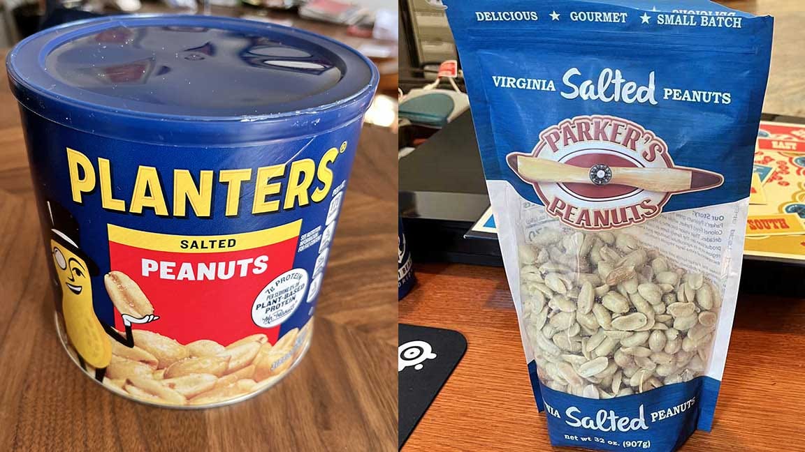 A big can of Planters Peanuts and a bag of Parker's Peanuts Salted Virginia Peanuts