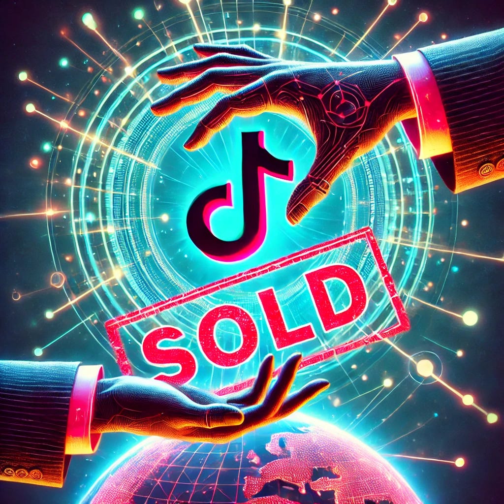 A dynamic illustration symbolizing the sale of TikTok. The image shows the TikTok logo being passed from one large, abstract corporate hand to another, representing a business transaction. The background features a digital globe with glowing connections, signifying the platform's global reach. A prominent 'SOLD' stamp in bold red is displayed diagonally across the image, creating a dramatic and impactful visual. The style is modern and vibrant, with neon accents to reflect TikTok's energetic brand.
