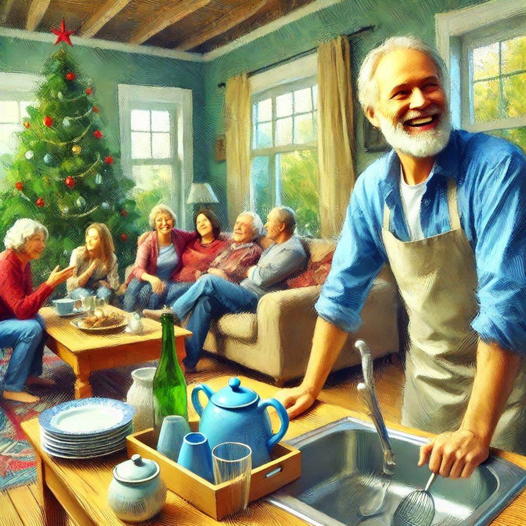 An older man cheerfully does the dishes as his extended family plays charades in the living room. The living room has a decorated Christmas tree in it. Slight impressionist style.