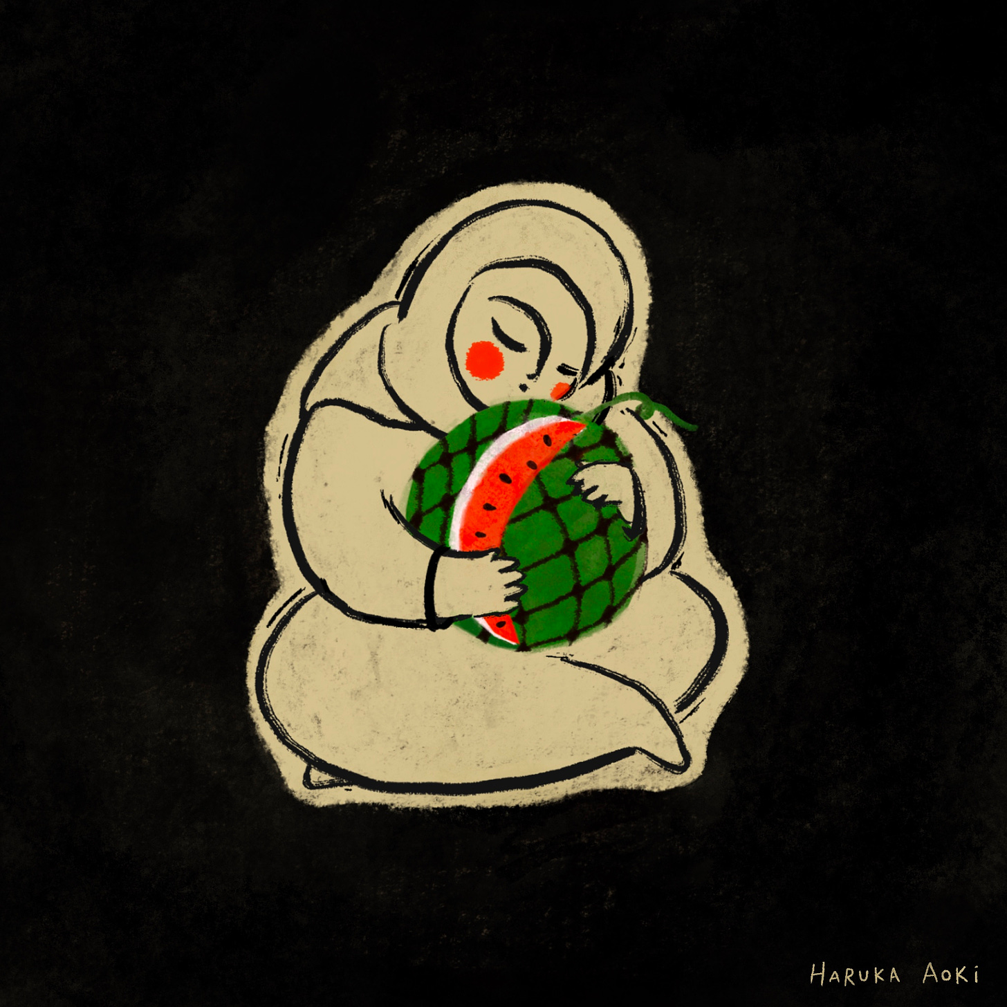 A child wearing a headscarf sitting on the ground and hugging a watermelon that has a keffiyeh net pattern