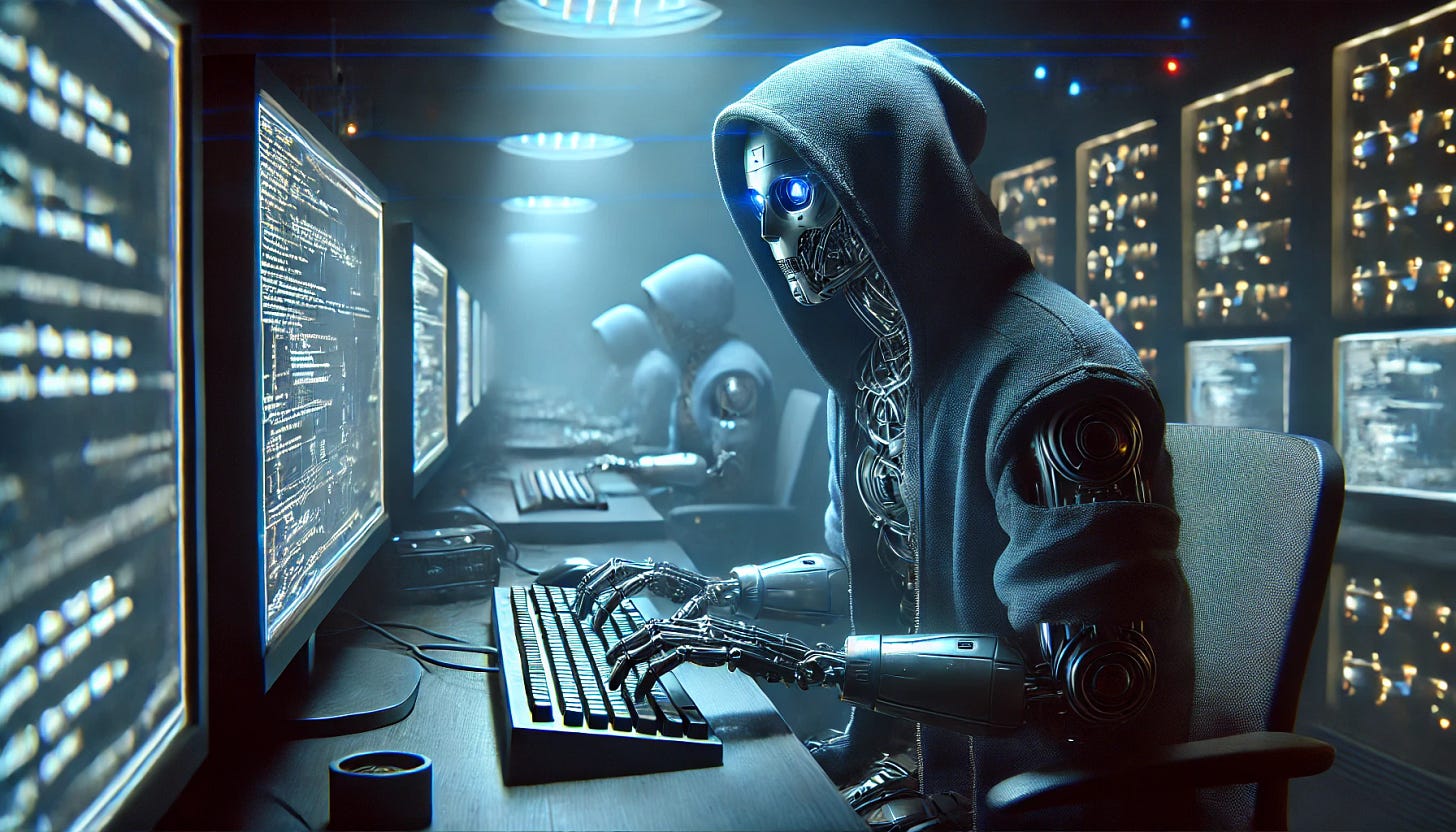 A hyper-realistic and dramatic digital rendering of a robot hacker in a hoodie, sitting in a dark room with robotic hands typing on a keyboard. The camera angle is side-on, obscuring the robot's face. The scene is illuminated by light blue glows from multiple computer screens and subtle neon lights, creating an ominous and mysterious atmosphere. The environment features realistic textures, such as the fabric of the hoodie, the metallic surfaces of the robot, and the soft lighting of the room, all contributing to a lifelike and tense setting.