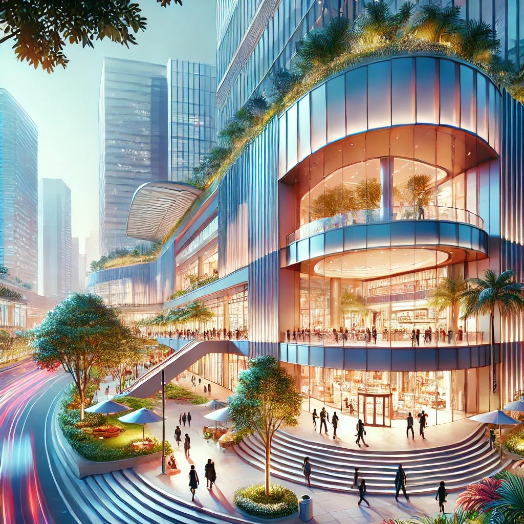 A vibrant and modern illustration of a premium shopping mall in Malaysia with a focus on elegance and high traffic. The scene includes a sleek multi-story retail complex with large glass windows, luxury storefronts, and bustling activity from shoppers. The background features lush greenery and urban high-rises to highlight the upscale location. The overall atmosphere is professional and reflects strong economic growth and stability.