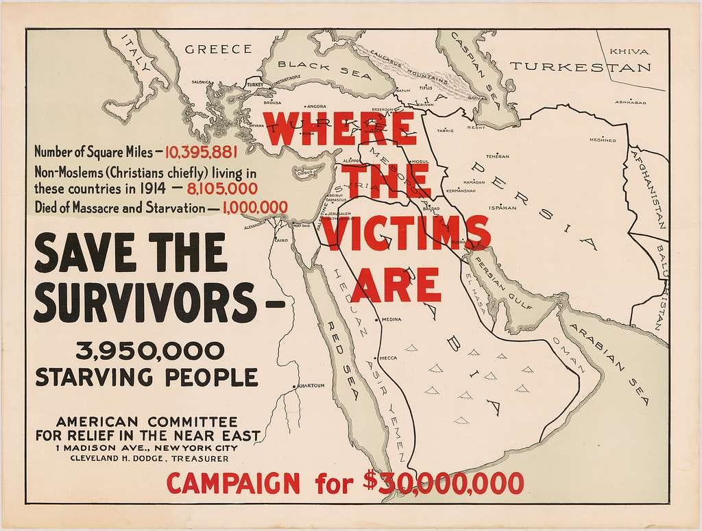 American fund-raising leaflet showing the middle-east and some statistics about the numbers of people needing aid.