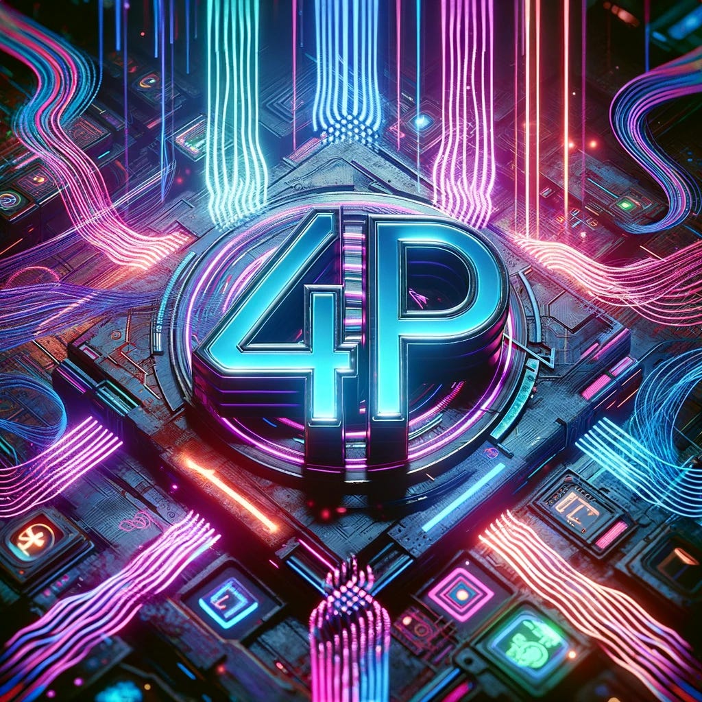 A cyberpunk-themed image featuring the symbols '4P' prominently in the center. The background is filled with flowing streams of digital information, glowing in neon colors. The '4P' symbols are styled in a futuristic font, and the digital streams around them create a vibrant, high-tech atmosphere. The scene embodies a cyberpunk aesthetic with elements of advanced technology and a digital world.
