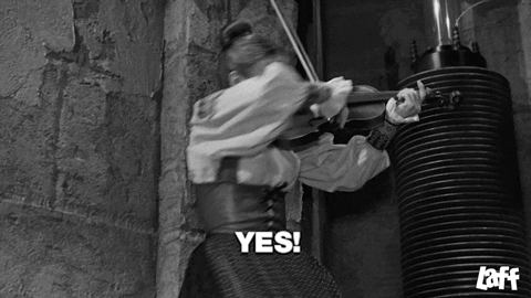 A scene from Young Frankenstein. Frau Blücher stands on the stairs, turns with much gusto WHILE playing a violin and says YES!