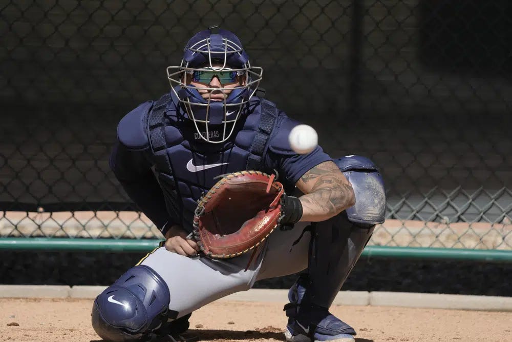 Milwaukee Brewers catcher William Contreras catches during a spring training baseball workout Thursday, Feb. 16, 2023, in Phoenix. (AP Photo/Morry Gash)