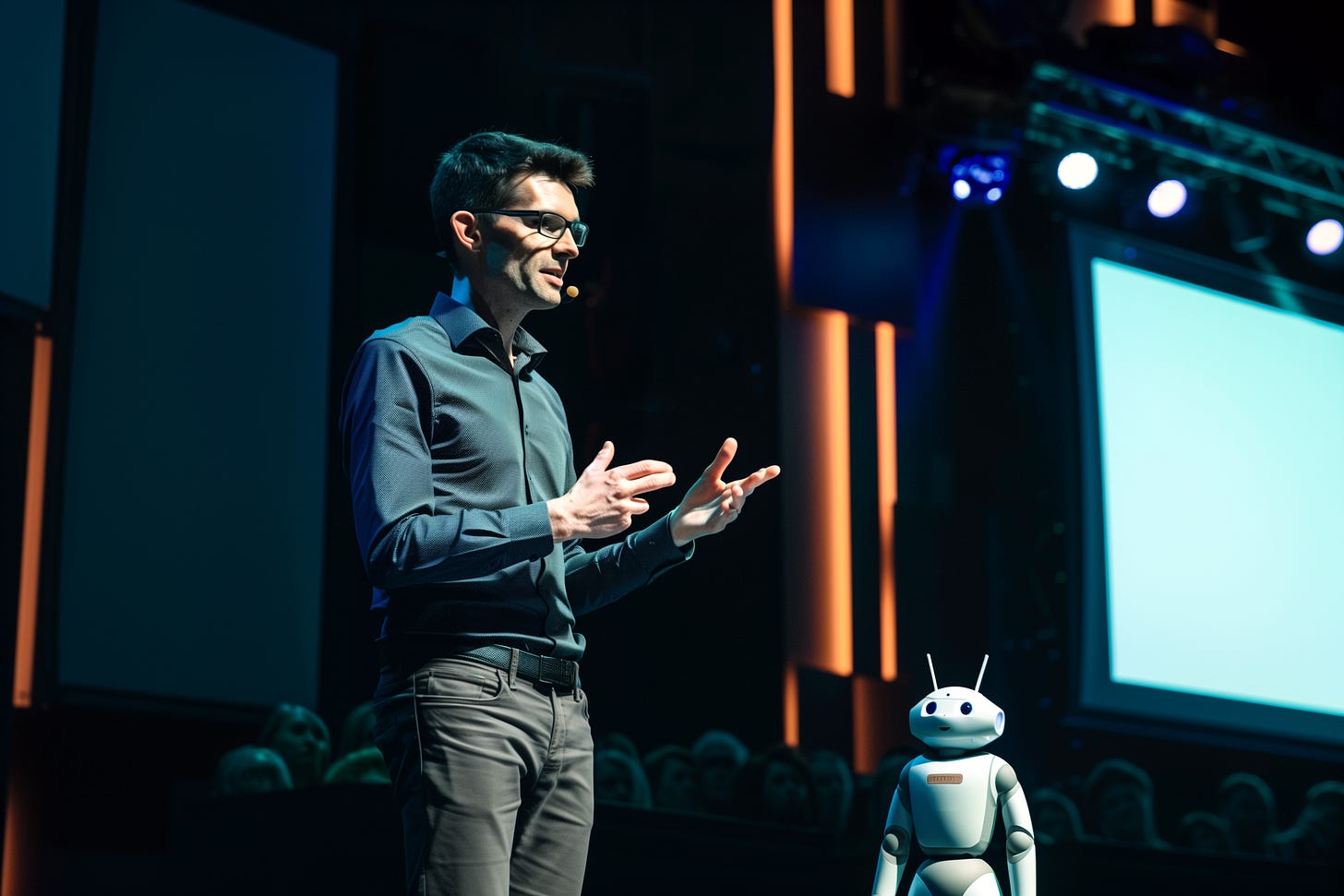 An AI-generated image of a humanoid robot observing a bespectacled middle-aged man delivering a presentation. Image generated using Midjourney