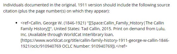 Screenshot showing the source citation text that can be pasted into a new profile or biography
