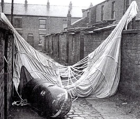 An unexploded parachute bomb which fell on Oldham England during the ...