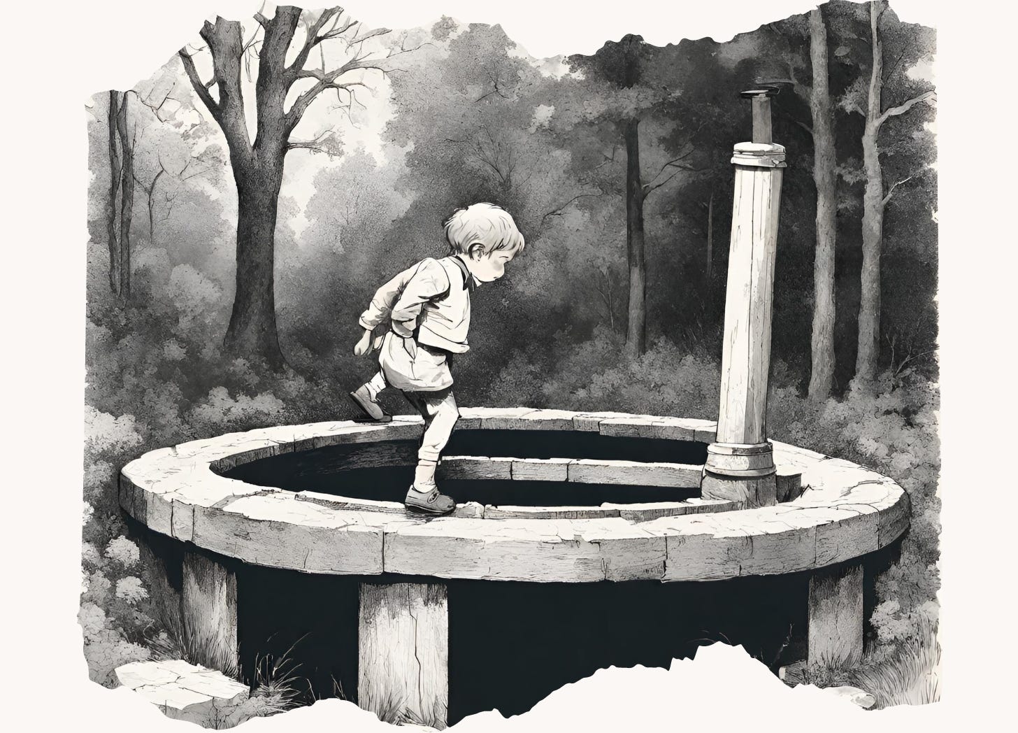 Mentatrix: a kid standing on the rim of a well, looking down