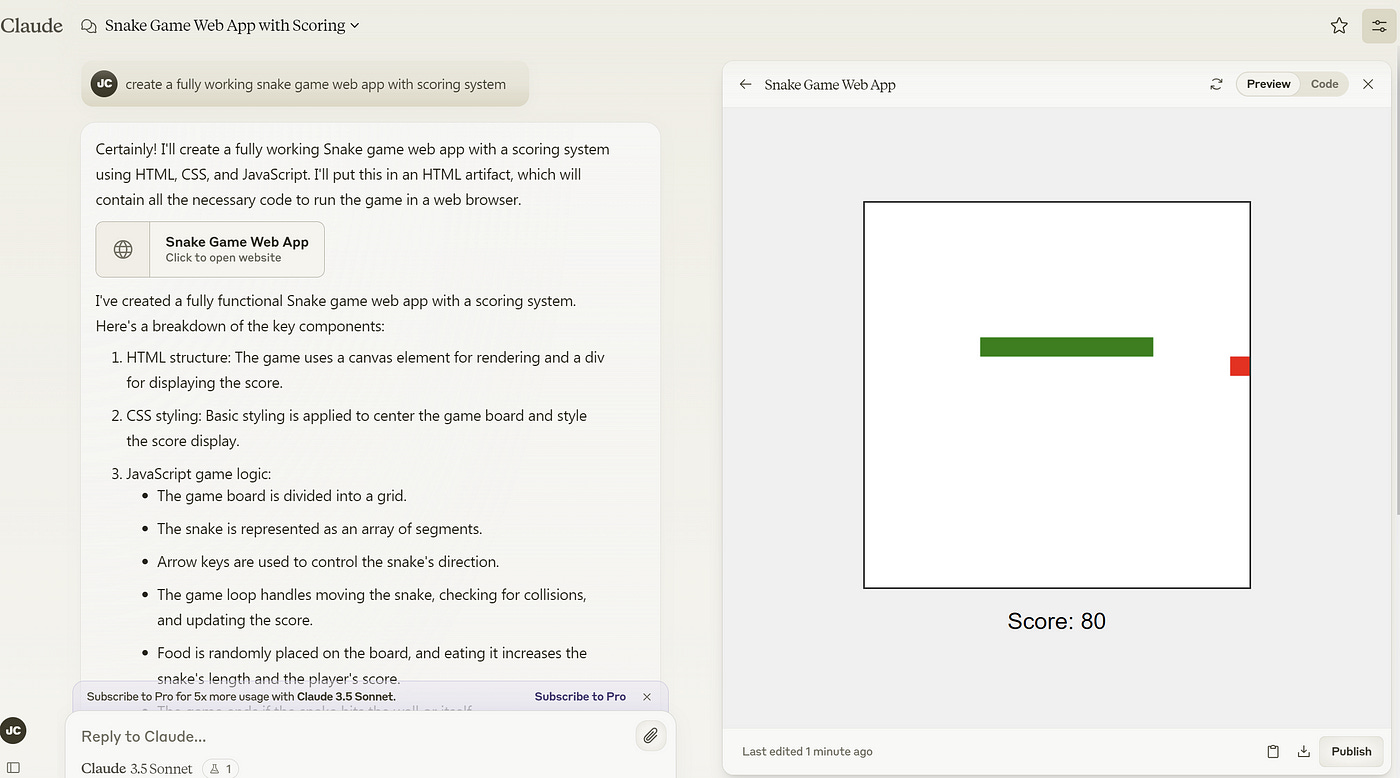 Claude Artifacts Prompt: create a fully working snake game web app with scoring system