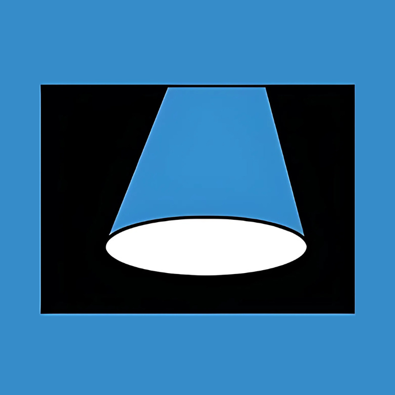 Simple image of a blue cone-shaped lampshade or spotlight casting a beam of white light downward, set against a solid black background and framed in blue. Simple image of a blue cone-shaped lampshade or spotlight casting a beam of white light downward, set against a solid black background and framed in blue.