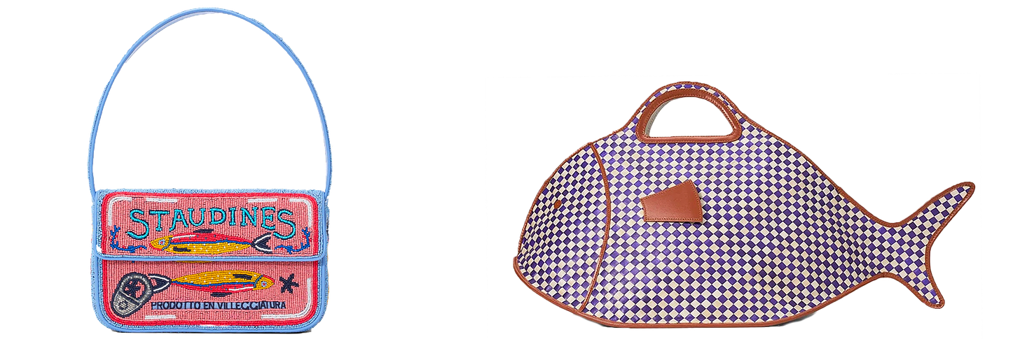 Images of two Staud handbags, a beaded Tommy bag and the Cleo Fish Basket Tote.