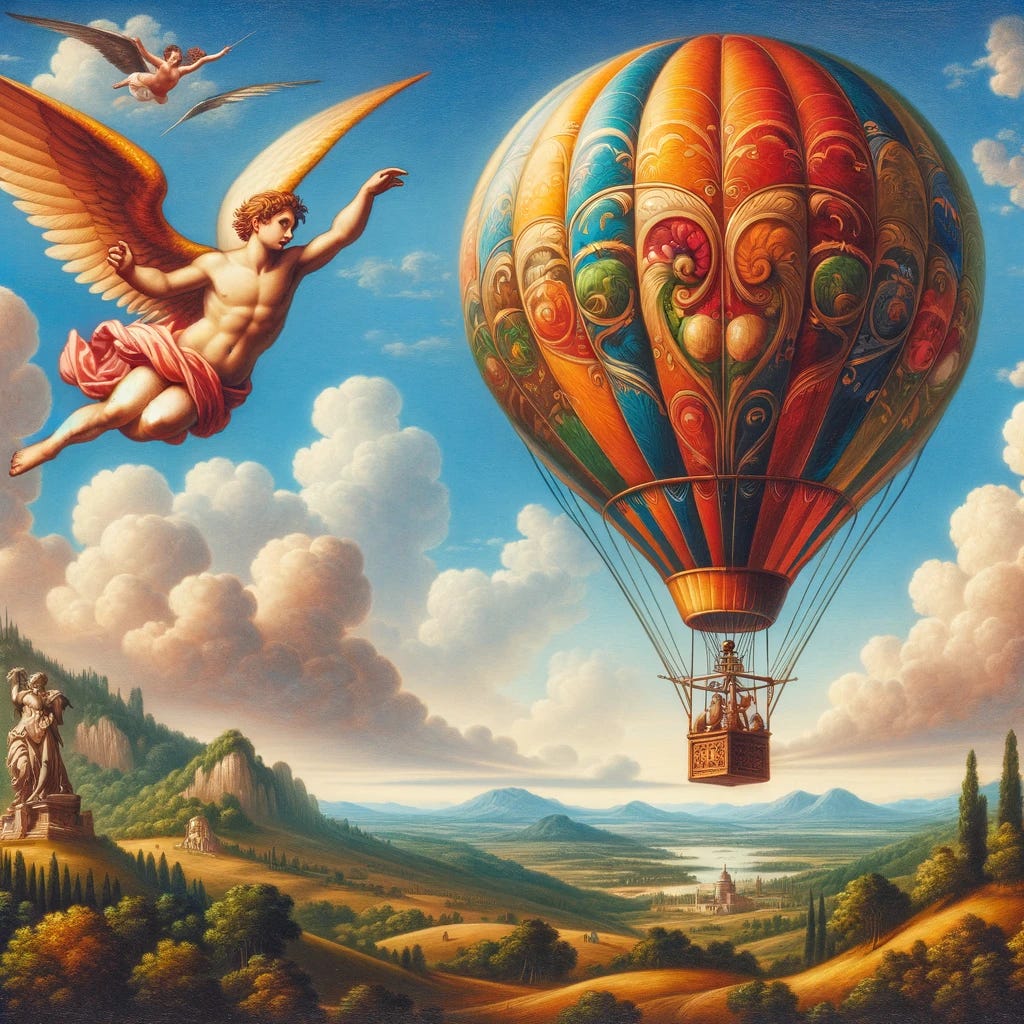 An illustration in the style of a Renaissance oil painting, featuring a hot air balloon from 'Around the World in 80 Days' flying alongside Icarus. The hot air balloon, with its vibrant and colorful design, soars through a richly detailed sky, while Icarus, with his wings of feathers and wax, flies beside it. The background includes a classical landscape with rolling hills, distant mountains, and lush greenery. The scene exudes a sense of wonder and excitement, capturing the spirit of exploration and human ambition with the refined elegance and depth typical of Renaissance art.