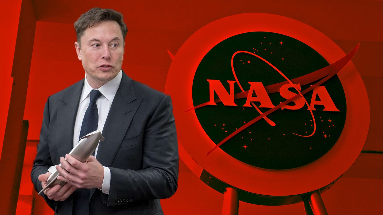 Elon Musk holding a rocket with a NASA sign in the background