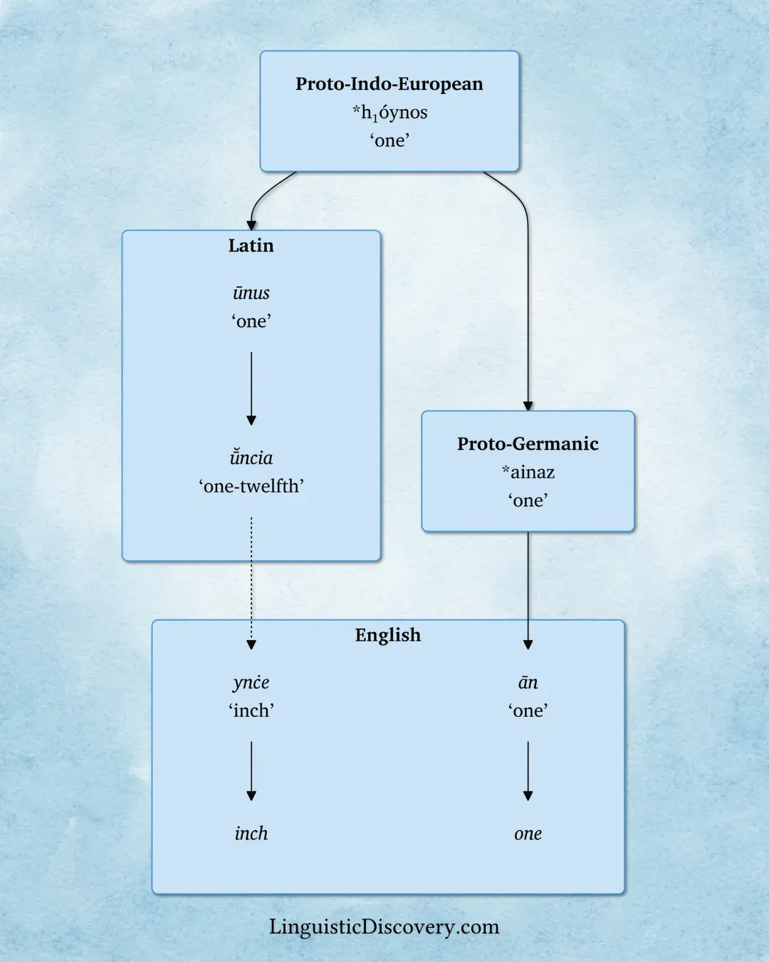 A diagram showing the etymologies of “inch” and “one” in English. Both go back to the Proto-Indo-European word for ‘one’.