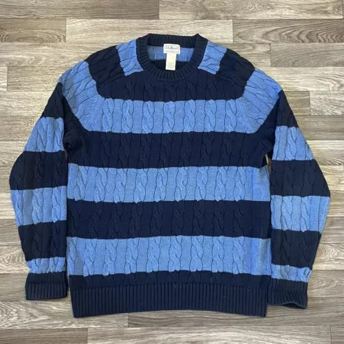 Vintage LL Bean Cable Knit Sweater Men’s Medium Blue Striped Classic Heavyweight - Picture 1 of 7