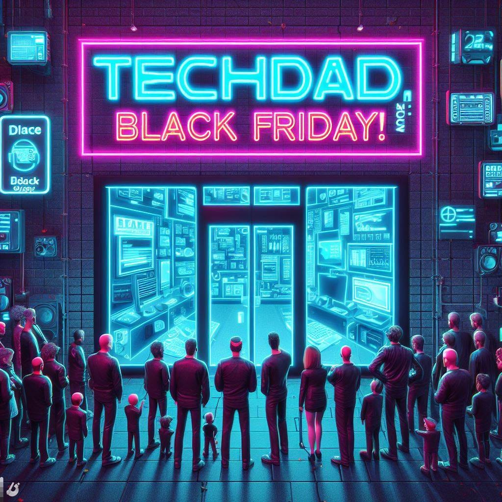 A cyberpunk image with the TechDadCO.com logo with large neon style headline saying 'Black Friday!' with all sort of consumer technology scattered about and a line of polite cartoon people waiting outside a door for Black Friday sale to begin