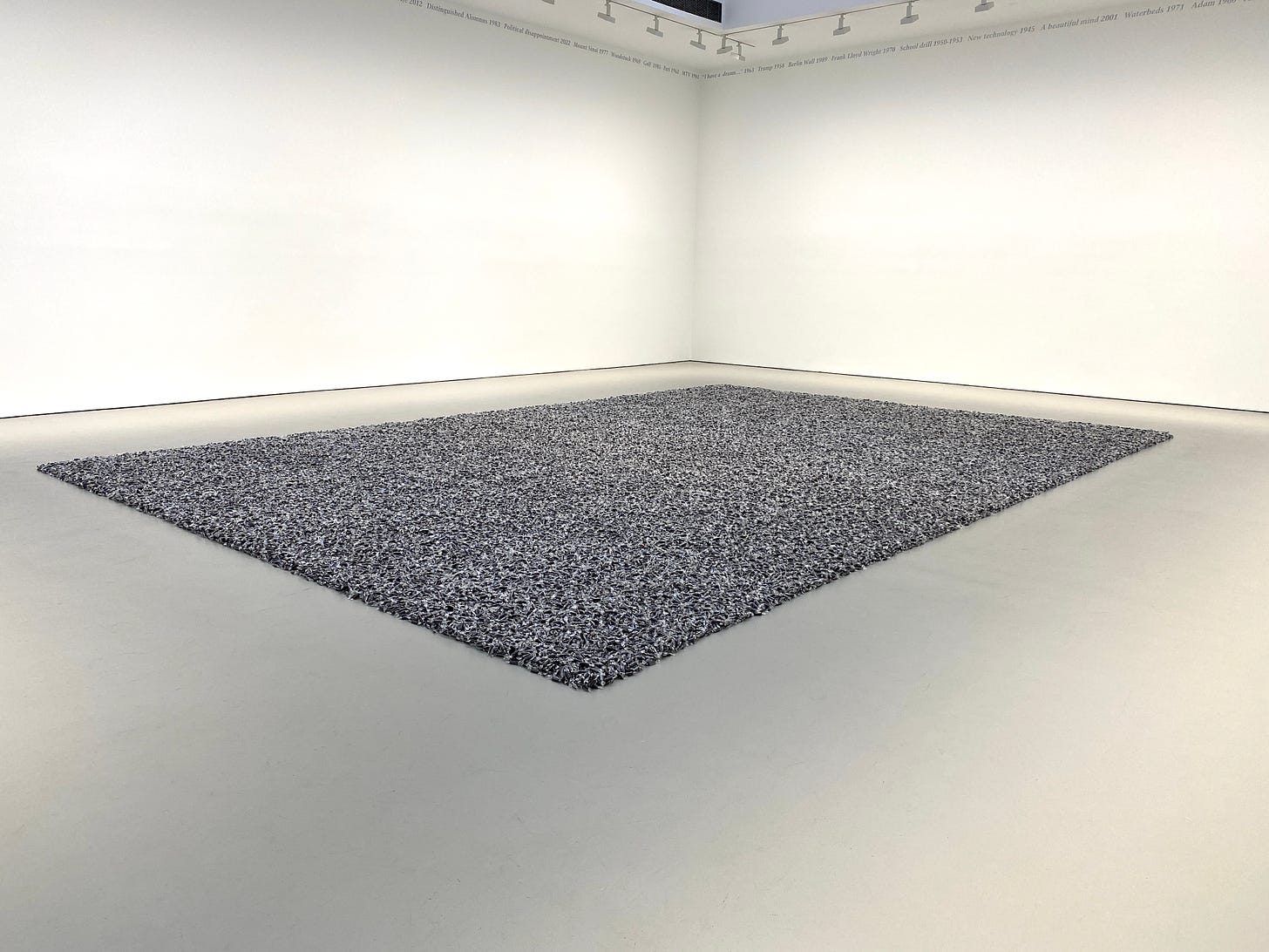 Felix Gonzalez-Torres, “Untitled” (Public Opinion), 1991. It shows a thick carpet of black rod licorice candies in clear wrappers laid out in a large rectangle on the floor of a white-walled gallery room. 