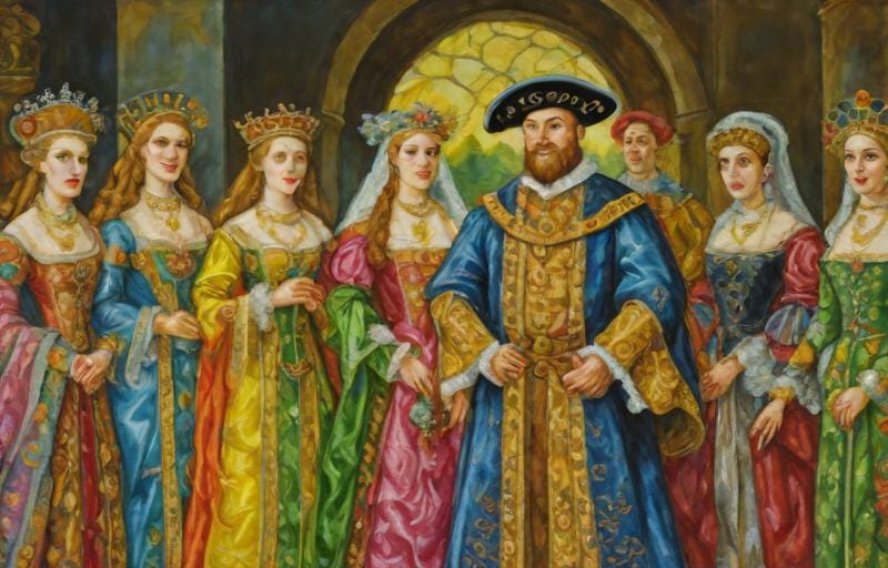 Henry VIII, his six creepy, melting AI wives and a random lover in the background