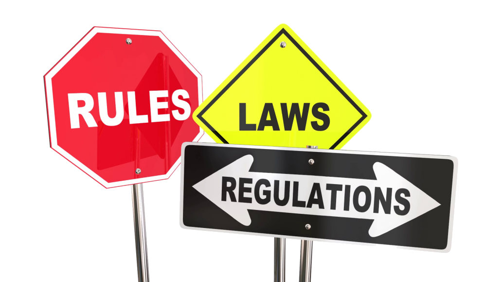 Three road signs saying rules, laws and regulations