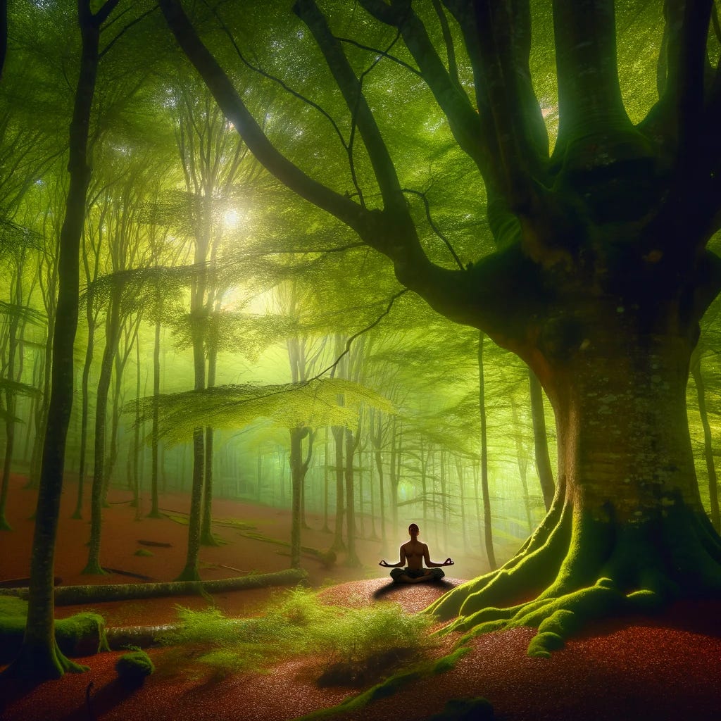 Meditator under a tree in an enchanted forest