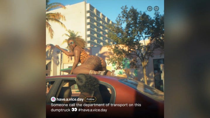 A video of a woman twerking on top of a car in the first trailer for Grand Theft Auto VI.