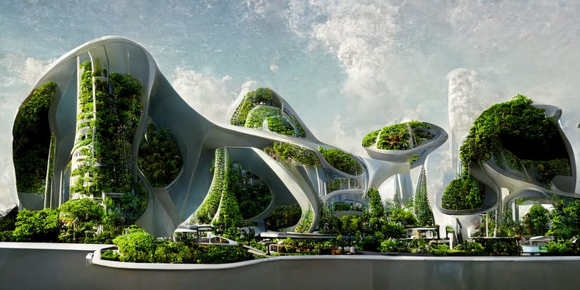 AI envisions futuristic sustainable city with biophilic skyscrapers
