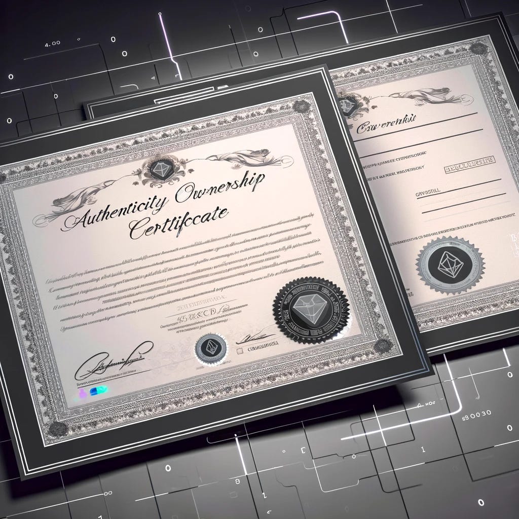 Illustrate a beautifully designed authenticity and ownership certificate for a luxury item, registered on blockchain technology. The certificate features elegant, secure design elements that symbolize both the luxury of the item and the cutting-edge security of blockchain. It includes a unique digital code, a holographic seal for added security, and detailed information about the item's origin, materials, and previous ownership history. The background is sleek and modern, with subtle references to digital encryption patterns that hint at the blockchain technology used to secure and verify the information. This image encapsulates the fusion of traditional luxury with modern technology, highlighting the exclusive and secure verification process for high-end products.