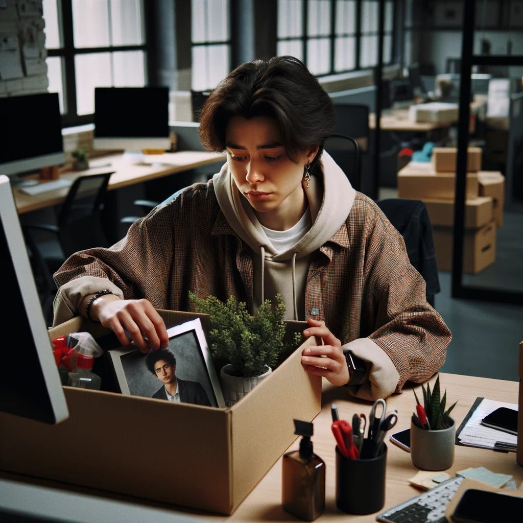 A photograph of a young person, feeling sad while packing up their desk after quitting their job. The scene is set in a modern office, with the young adult, a person of mixed race, sitting at their desk surrounded by personal items. They are holding a small plant, a framed photograph, and some office supplies, packing them into a cardboard box. The individual's expression is melancholic and reflective, conveying a sense of loss and uncertainty. The office environment is typical of a corporate setting, with computers, chairs, and other desks in the background. The lighting is soft and subdued, highlighting the emotional moment. The photograph is taken with a DSLR camera, using a 35mm lens, f/2.8 aperture, 1/125s shutter speed, and ISO 320, capturing the poignant moment of a young professional's career transition.