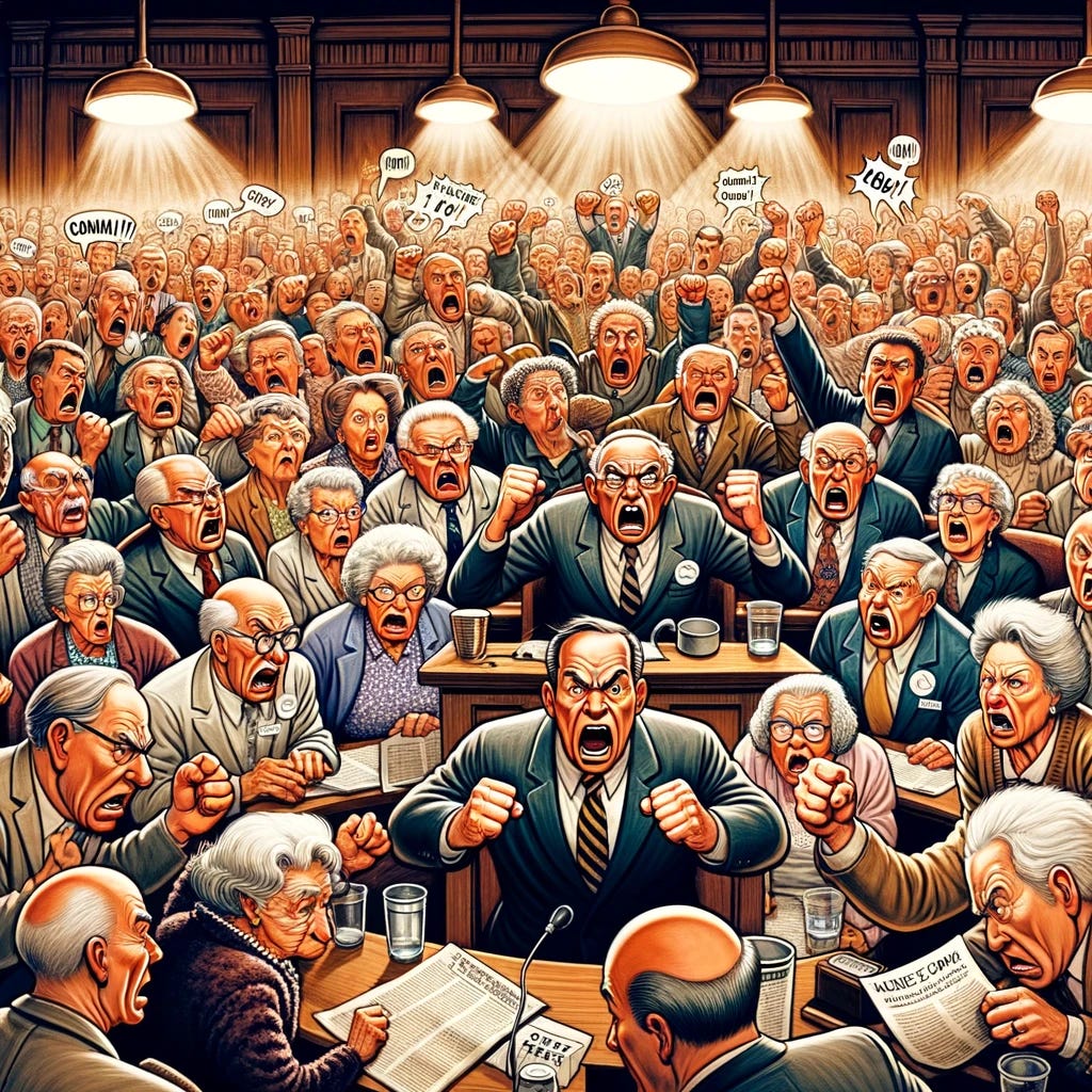 A political cartoon illustrating a chaotic city council meeting. The scene is set in a crowded room, where a diverse group of elderly white citizens are passionately expressing their opinions, some standing and waving their fists, others seated but leaning forward aggressively. The councilors are depicted at the front, trying to maintain order amidst the uproar, with exaggerated expressions of surprise and attempts to calm the crowd. The atmosphere is tense, filled with speech bubbles containing exclamatory marks to indicate the loud and disorderly environment. This image captures the intensity and diversity of public discourse in a humorous yet insightful manner.
