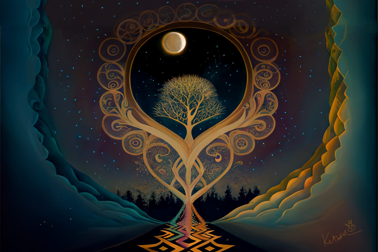 Digital illustration of a night sky with a golden tree with colorful accents in the center and a clear waxing moon.